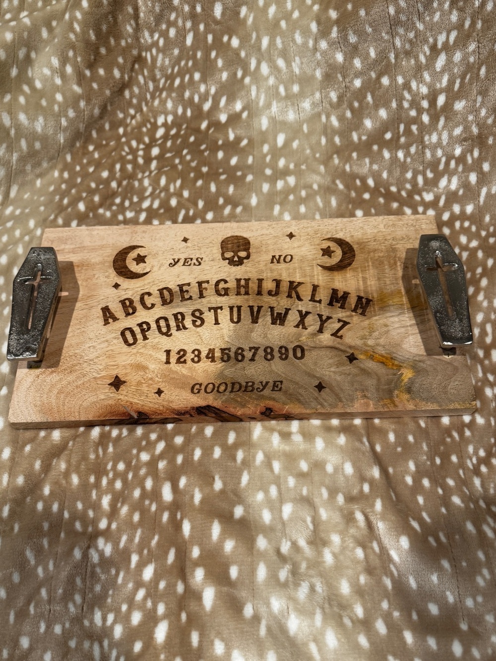 Wooden Ouija Style Serving Tray Wood with metal Coffin Handles